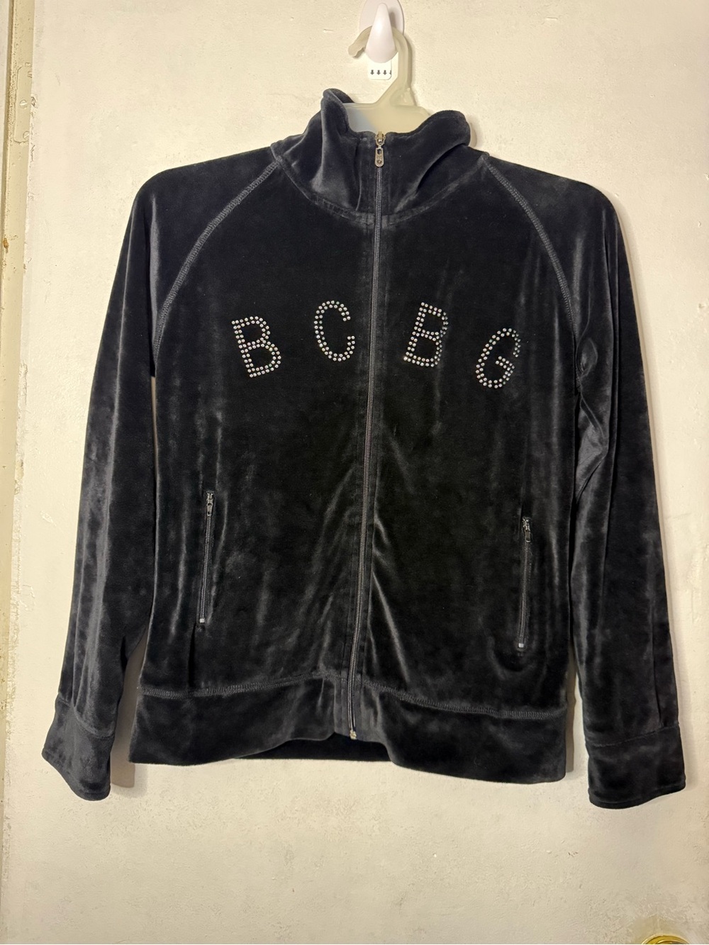 BCBG Black Velour Stud-Logo Zip Jacket